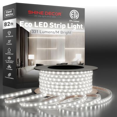 Shine Decor LED Strip Light Easy Connectable, 6000K Cool White Cold Resist Weatherproof Plug-in for Indoor Outdoor, 101 LM/FT Dimmable Bright Eco Rope Lighting 82FT, 120V Whole Set ETL Listed