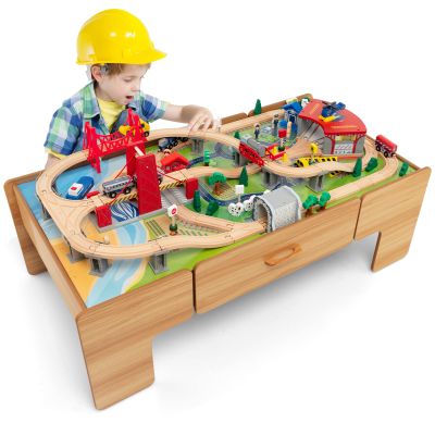 GLACER Train Table, 100 Piece Wooden Activity Table w/Large Storage Drawer