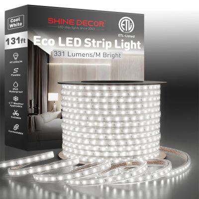 Shine Decor LED Strip Light Easy Connectable, 6000K Cool White Cold Resist Weatherproof Plug-in for Indoor Outdoor, 101 LM/FT Dimmable Bright Eco Rope Lighting 131FT, 120V Whole Set ETL Listed