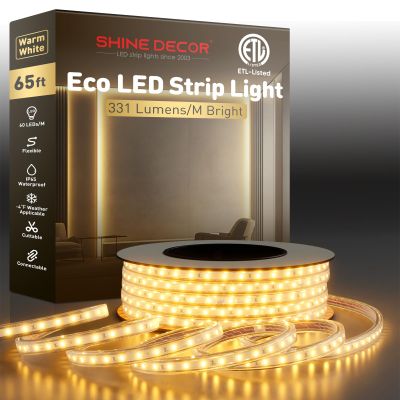 Shine Decor LED Strip Light Easy Connectable, 2800K Warm White Cold Resist Weatherproof Plug-in for Indoor Outdoor, 101 LM/FT Dimmable Bright Eco Rope Lighting 65FT, 120V Whole Set ETL Listed