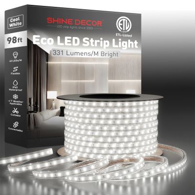 Shine Decor LED Strip Light Easy Connectable, 6000K Cool White Cold Resist Weatherproof Plug-in for Indoor Outdoor, 101 LM/FT Dimmable Bright Eco Rope Lighting 98FT, 120V Whole Set ETL Listed