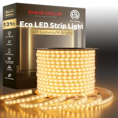 Shine Decor LED Strip Light Easy Connectable, 2800K Warm White Cold Resist Weatherproof Plug-in for Indoor Outdoor, 101 LM/FT Dimmable Bright Eco Rope Lighting 131FT, 120V Whole Set ETL Listed