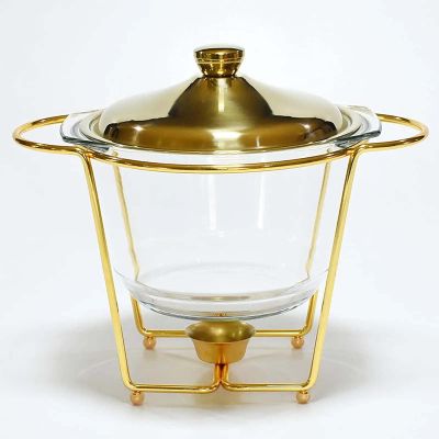 JYHCD Glass Chafing Dish Buffet Set, with Stainless Steel Lid and Holder, Round Food Warming Tray, for Buffet, Wedding, Parties, Banquet, Catering Events,Gold,4L