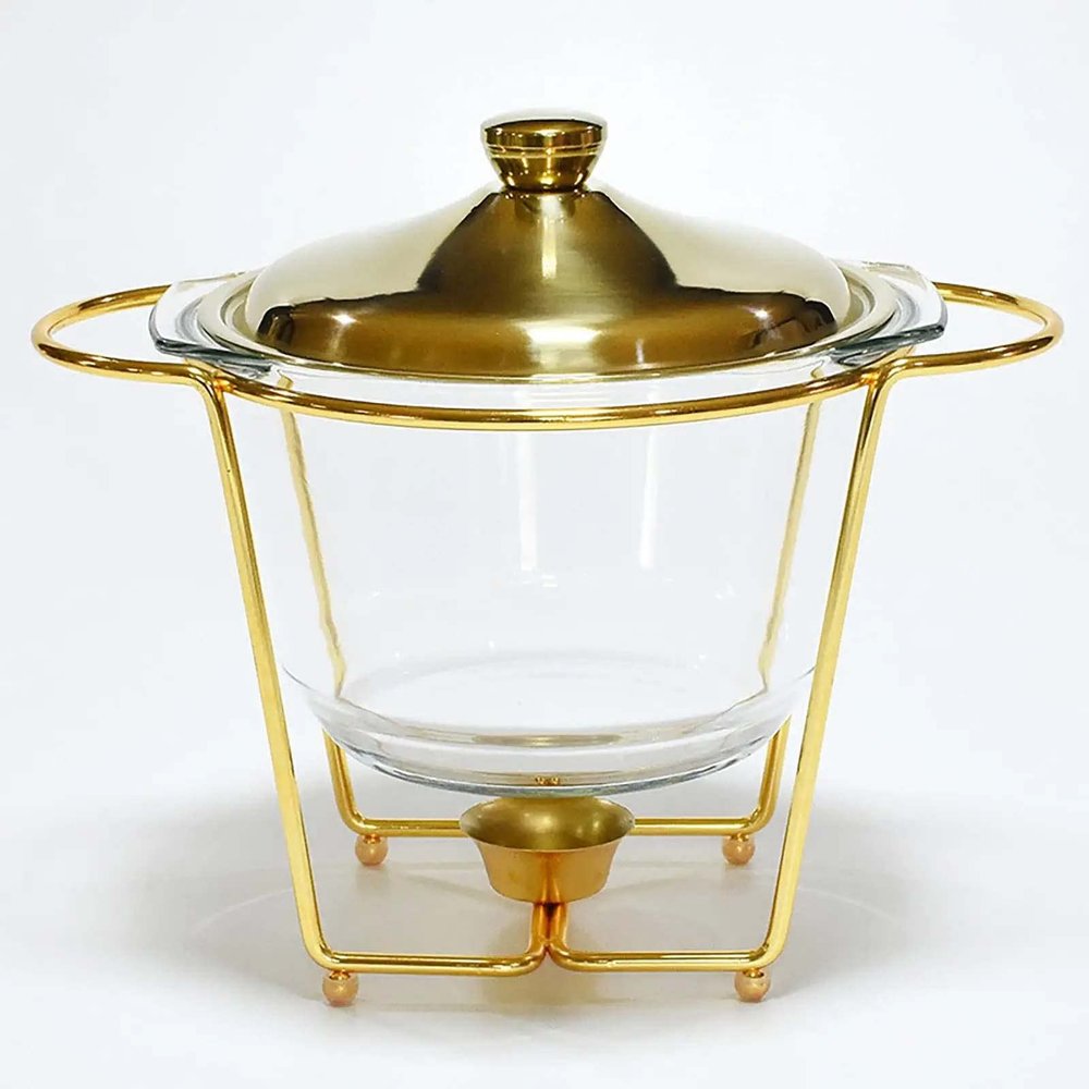 JYHCD Glass Chafing Dish Buffet Set, with Stainless Steel Lid and Holder, Round Food Warming Tray, for Buffet, Wedding, Parties, Banquet, Catering Events,Gold,4L