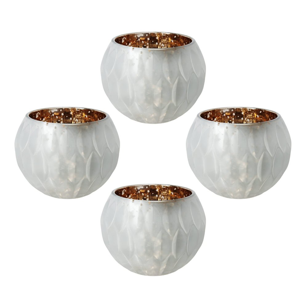 A&B Home Glass Candle Holder - Round Tealight Candle Holder with Embossed Pattern, Decorative Votive Candle Holder, Bedroom Living Room Coffee Table Entryway Table Accent Piece, Set of 4, White