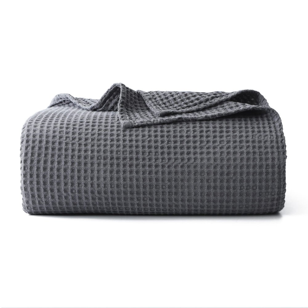 100% Cotton Waffle Blanket (Dark Grey - King Size - 104 * 90''), Pre-Washed and Anti-Shrinkage Soft Lightweight Bed & Couch Blanket, 380 GSM Waffle Weave Throw Blanket for All Seasons