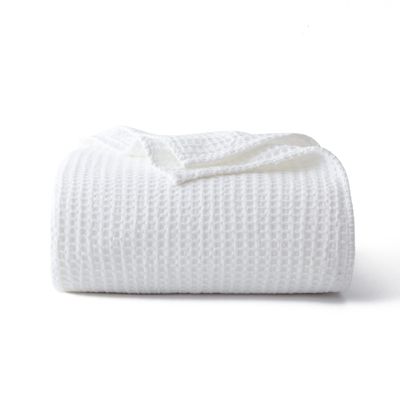 100% Cotton Waffle Blanket (White - Queen Size - 90 * 90''), Pre-Washed and Anti-Shrinkage Soft Lightweight Bed & Couch Blanket, 380 GSM Waffle Weave Throw Blanket for All Seasons