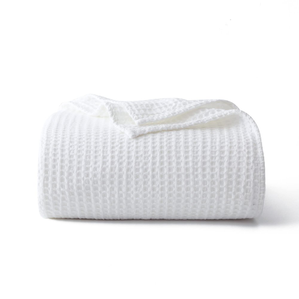 100% Cotton Waffle Blanket (White - Queen Size - 90 * 90''), Pre-Washed and Anti-Shrinkage Soft Lightweight Bed & Couch Blanket, 380 GSM Waffle Weave Throw Blanket for All Seasons