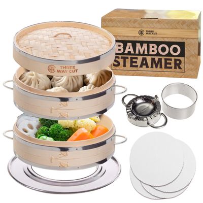2-tier 10" Bamboo Steamer with Reinforcement & Handle, Reusable Silicone Liner & Accessories Kit For Cooking Dumpling, Baby Bao Bun, Dim Sum, Rice Potsticker Steaming Chinese Asian Food & Vegetables