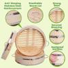 2-tier 10" Bamboo Steamer with Reinforcement & Handle, Reusable Silicone Liner & Accessories Kit For Cooking Dumpling, Baby Bao Bun, Dim Sum, Rice Potsticker Steaming Chinese Asian Food & Vegetables view 3