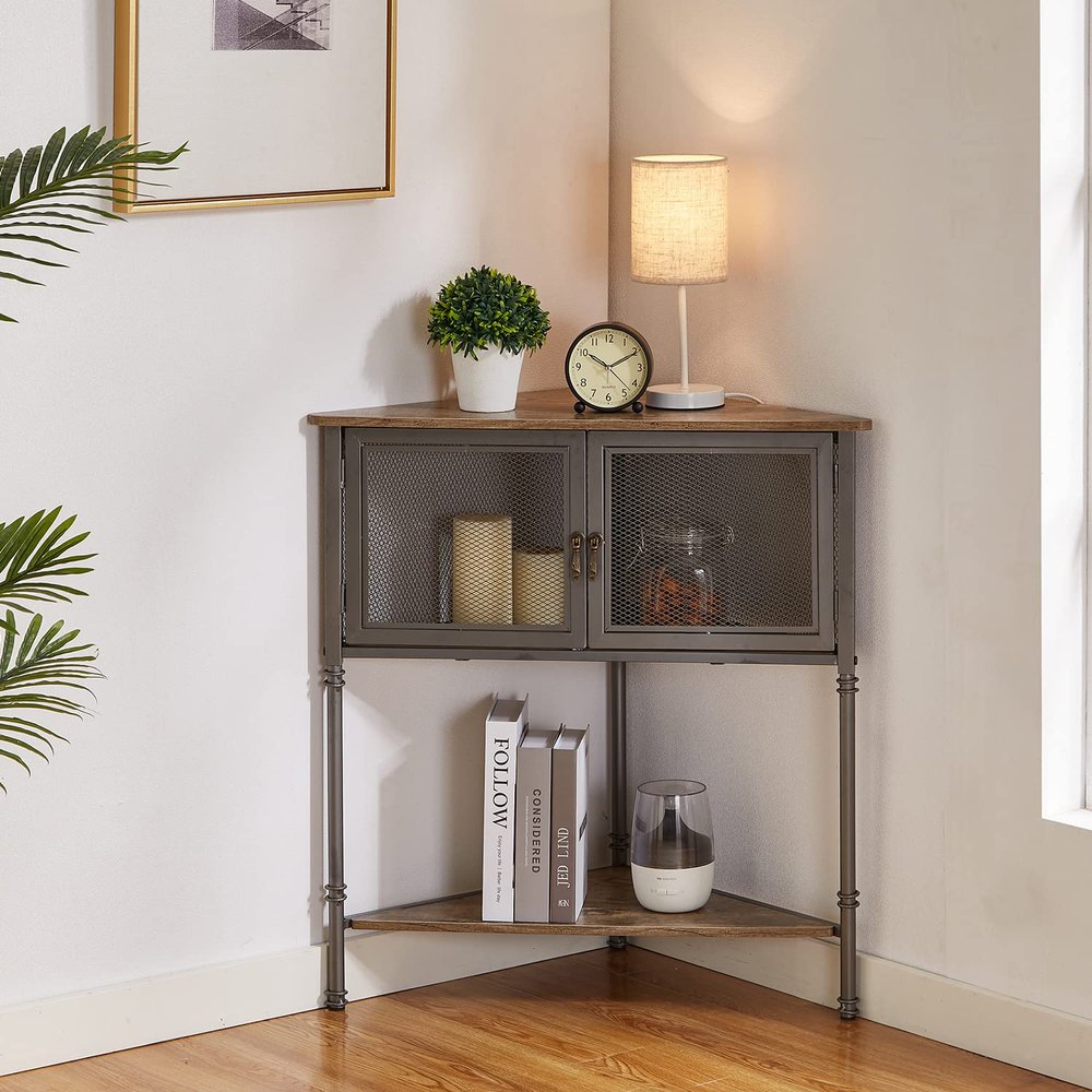 Corner Cabinet/Table, 3-Tier Shelves with Protection Door, Metal Frame Storage Shelf Organizer for Small Space, Living Room, Kitchen, Bathroom