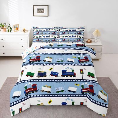 Feelyou Kids Train Comforter Set Vehicles Bedding Set for Boys Teens Decor Choo-Choo Rail Roads Tracks Comforter Cartoon Car Blue Duvet Set Twin Size with 1 Pillow Case Boys