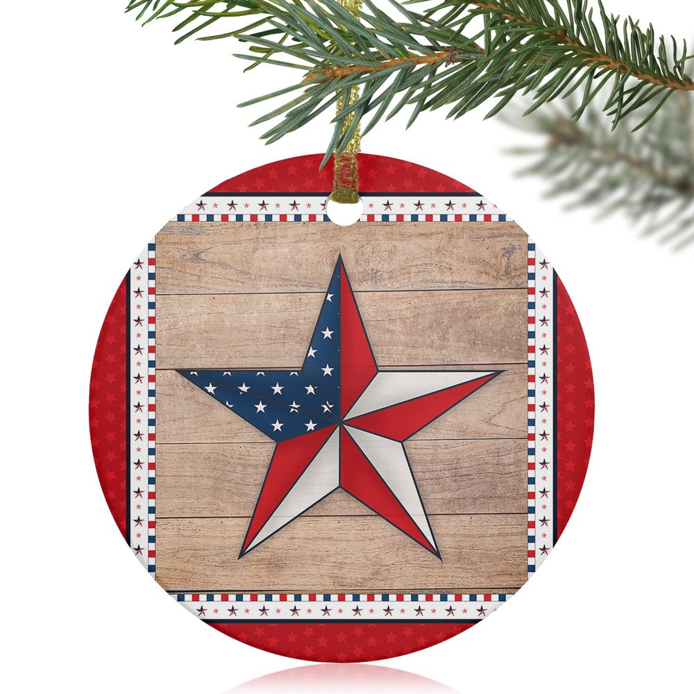 2022 Christmas Ornaments Xmas Tree Hanging Pendant, Independence Day Stars Wooden Grain Round Ceramic Ornaments Gift for Friends Families Holiday American Stars Red Frame Hanging Tree Decor 3"