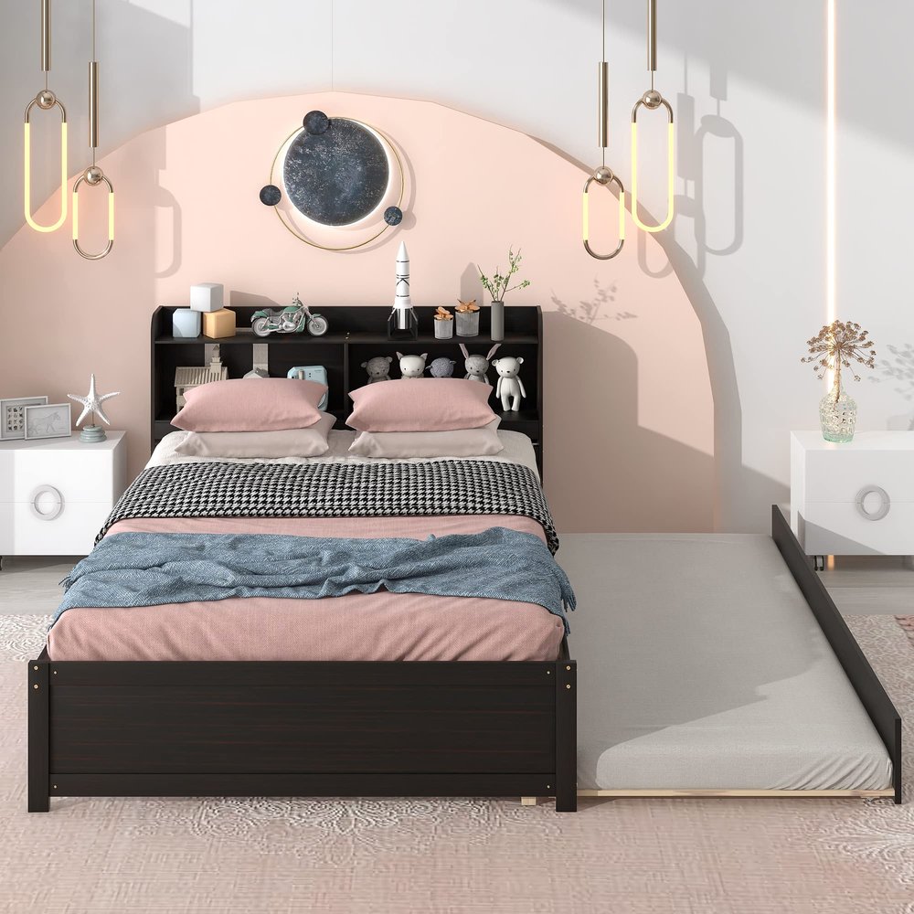 CITYLIGHT Full Bed with Twin Size Trundle, Full Size Platform Bed with Bookcase Headboard and Pull Out Trundle Bed, Wooden Full Bed Frame with Storage Shelves, No Box Spring Needed (Full, Espresso)
