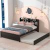 CITYLIGHT Full Bed with Twin Size Trundle, Full Size Platform Bed with Bookcase Headboard and Pull Out Trundle Bed, Wooden Full Bed Frame with Storage Shelves, No Box Spring Needed (Full, Espresso) view 4