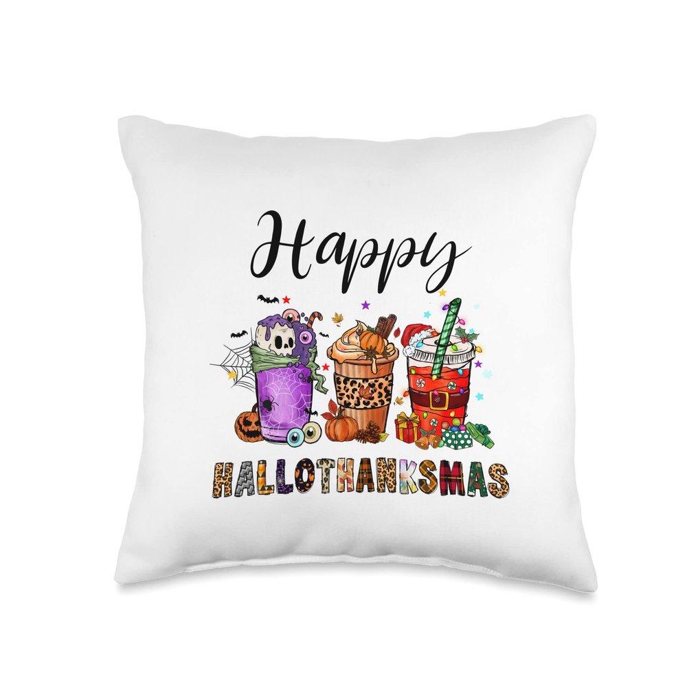 Happy Hallothanksmas Funny cups Witch Santa Hat Pumpkin Throw Pillow