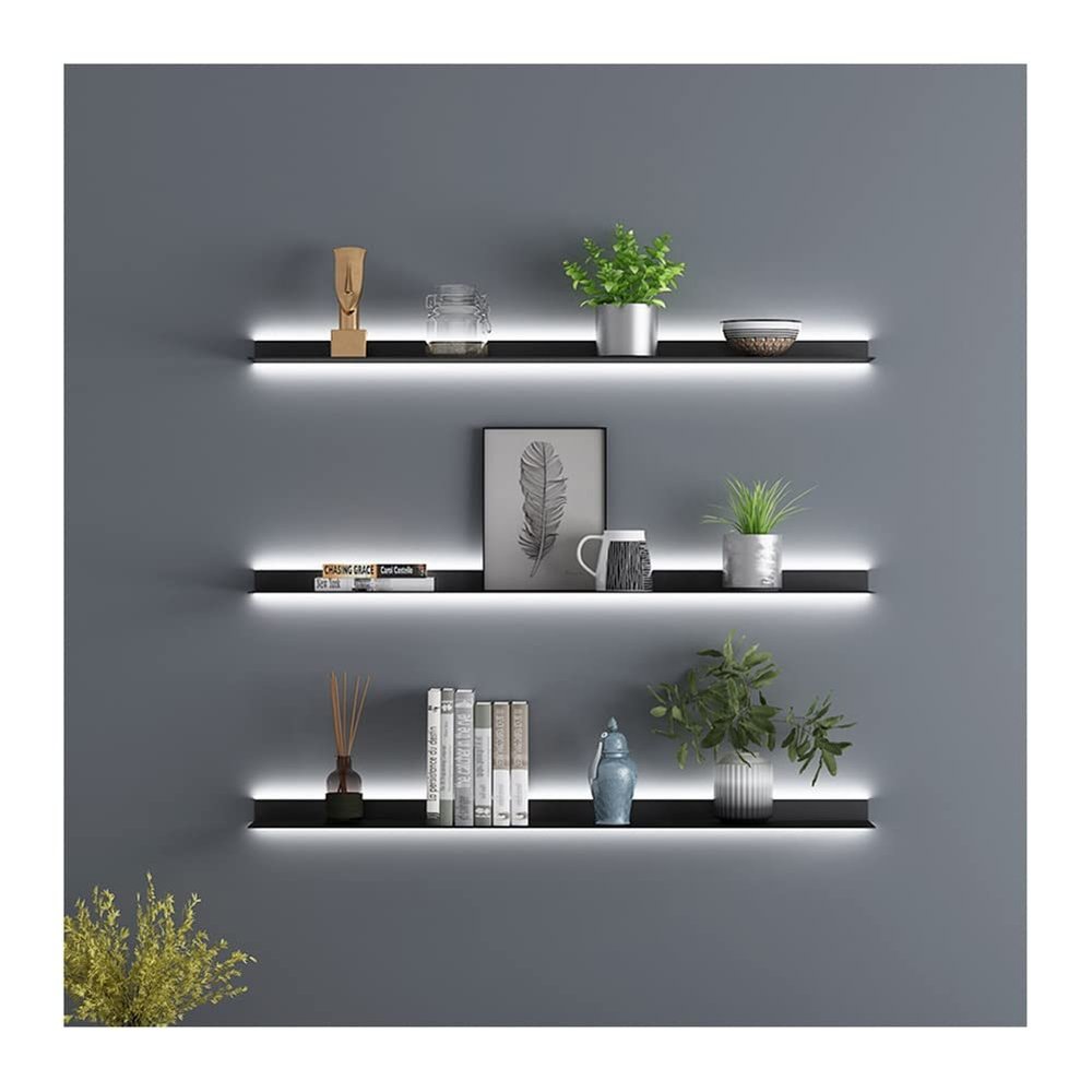 Etlegor Floating Shelves Wall Mounted Set of 3, Illuminated Wall Shelf Linear Floating Shelf Simple and Modern Wrought Iron Wall Shelves for Plant Shelf Or Bookshelf, Wall Storage Shelf