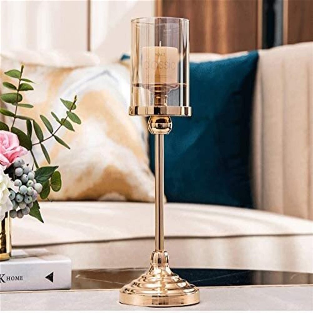 YQBUER European Style Home Retro Metal Pillar Candle Holder with Glass Cover Candlelight Dinner Lamp Props Candle Holder Ornament Candle Holder (Size : 36cm)