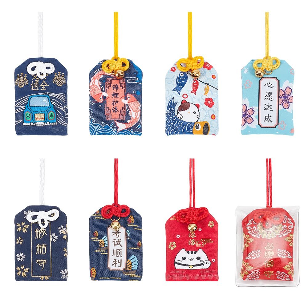 WEBEEDY 8 Pcs Japanese Omamori Amulet Good Luck Hanging Sachet Lucky Amulet Charm Blessing Pendant for Career/Love/Success/Traffic Safety/Wealth/Dream/Good Luck Christmas Back to School Fortune Gift