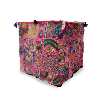 22" Indian Handmade Cotton Embroidered Patchwork Square Pouf