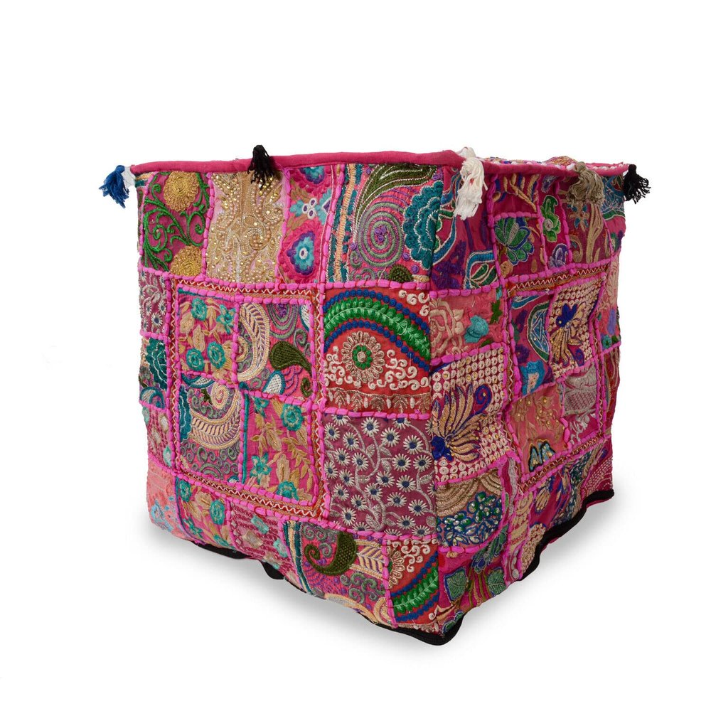 22" Indian Handmade Cotton Embroidered Patchwork Square Pouf