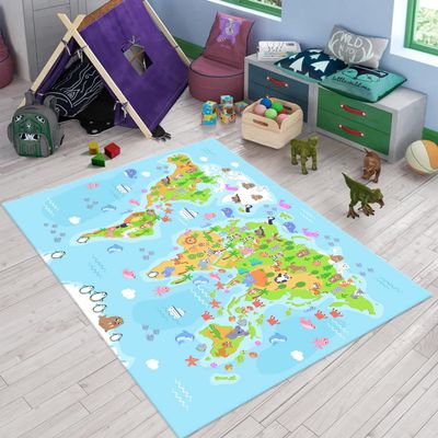 Kids Rug, Animals World Rug, Educational Continents Rug, C103 (47x71)=120x180cm