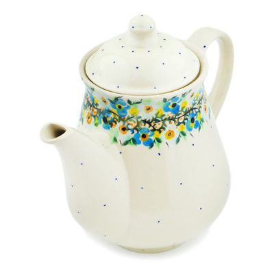 Polmedia Polish Pottery Tea or Coffee Pot UNIKAT - Sweet Blooms Pattern Handmade in Boleslawiec Poland + Certificate of Authenticity