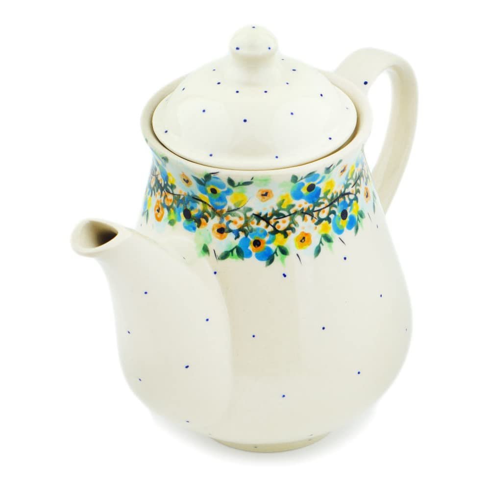 Polmedia Polish Pottery Tea or Coffee Pot UNIKAT - Sweet Blooms Pattern Handmade in Boleslawiec Poland + Certificate of Authenticity