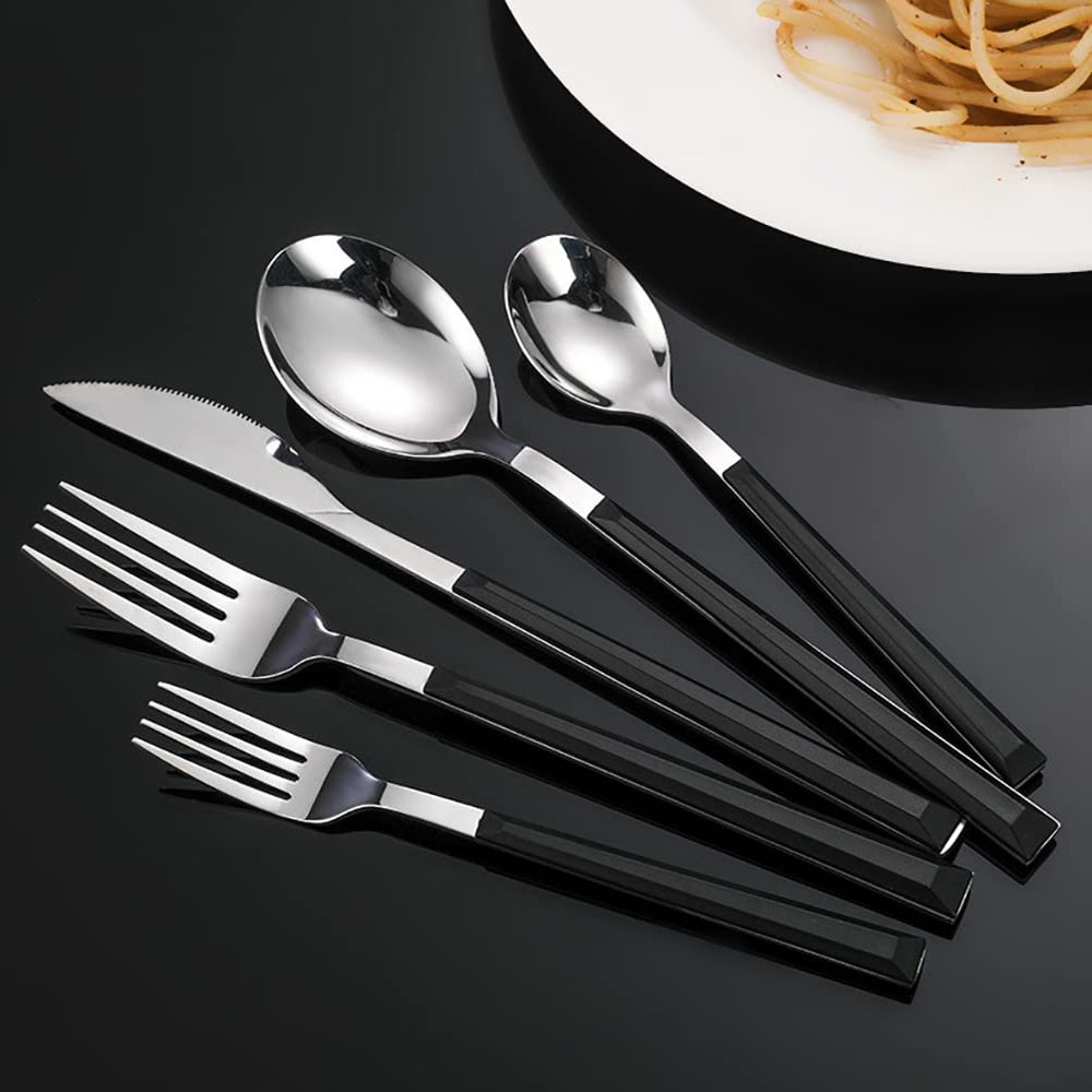 30 Piece Black Silverware Set for 6 Square Handle Flatware Sets Stainless Steel Durable Home Kitchen Restaurant Halloween Cutlery Utensils Sets Delicate Knifes Forks Spoons Tableware Set
