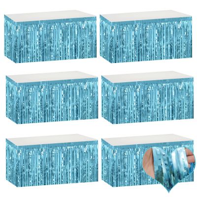 6 Pack 29x108 Inch Light Blue Metallic Foil Fringe Table Skirts Banner for Tinsel Streamer Garland Curtains Backdrop for Parade Floats Wedding Baby Shower Birthday Christmas Halloween Party Decoration