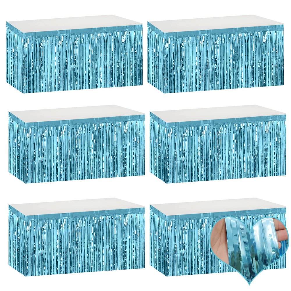 6 Pack 29x108 Inch Light Blue Metallic Foil Fringe Table Skirts Banner for Tinsel Streamer Garland Curtains Backdrop for Parade Floats Wedding Baby Shower Birthday Christmas Halloween Party Decoration