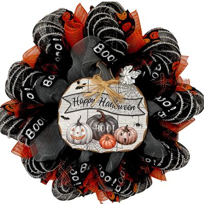 Happy Halloween Wood Pumpkin Handmade Deco Mesh Wreath. Available in 24 inch and 28 inch diameters