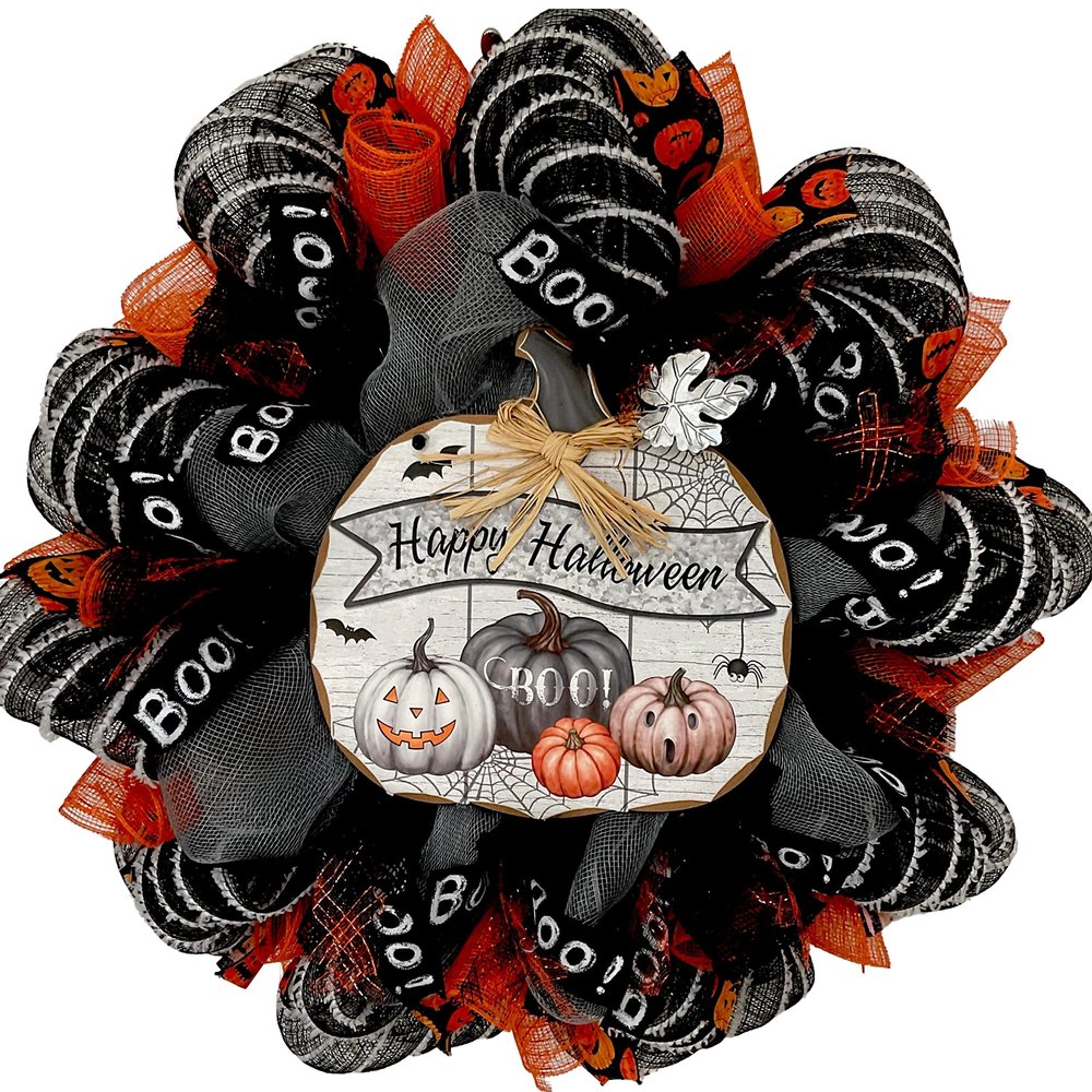 Happy Halloween Wood Pumpkin Handmade Deco Mesh Wreath. Available in 24 inch and 28 inch diameters