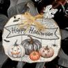 Happy Halloween Wood Pumpkin Handmade Deco Mesh Wreath. Available in 24 inch and 28 inch diameters view 2