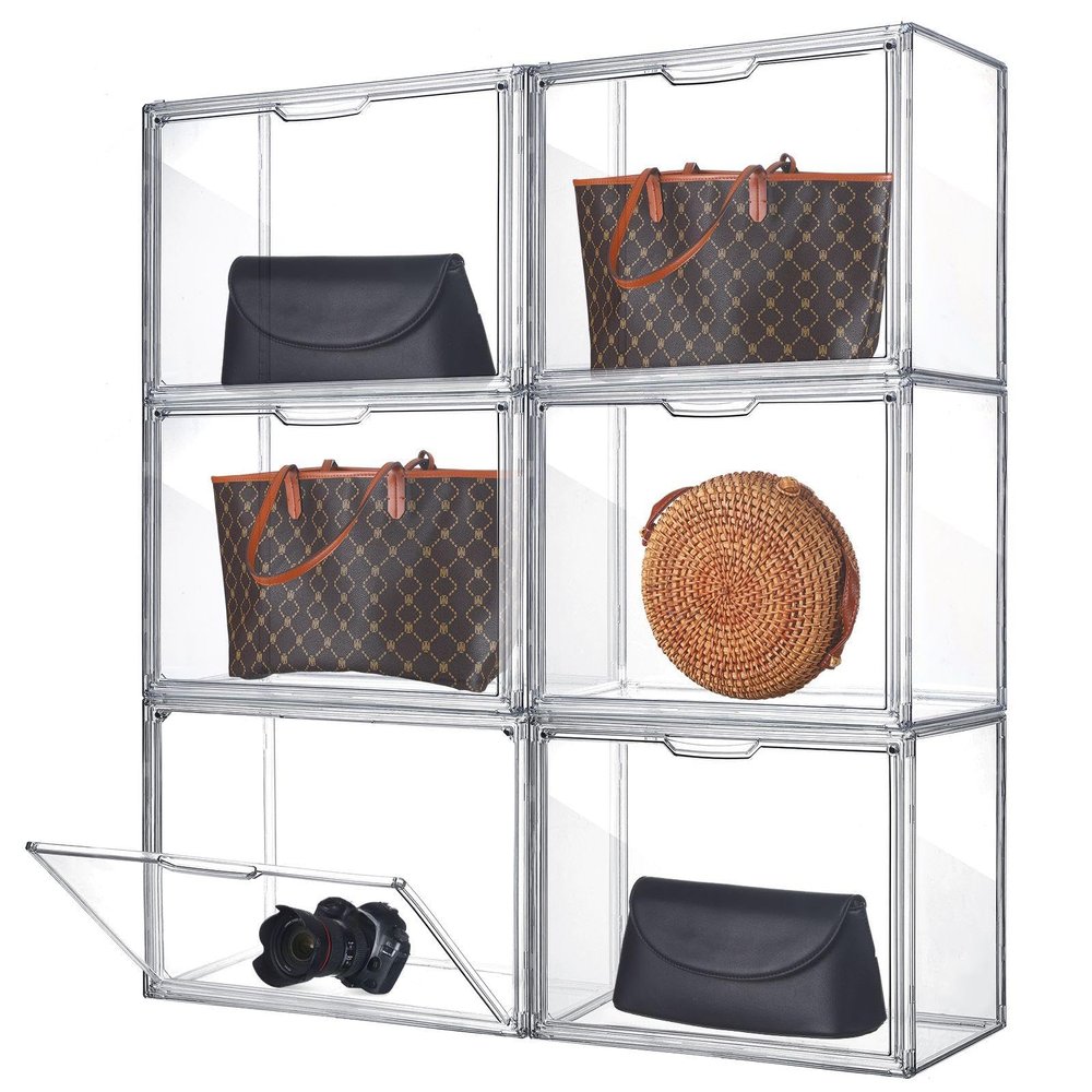 Bucherry 6 Pack Large Clear Acrylic Display Case with Magnetic Door, 14" x 9" x 10" Stackable Purse Storage Boxes Display Case for Handbag Cosmetic Wallet Heels Collectibles Figures Boots Storage