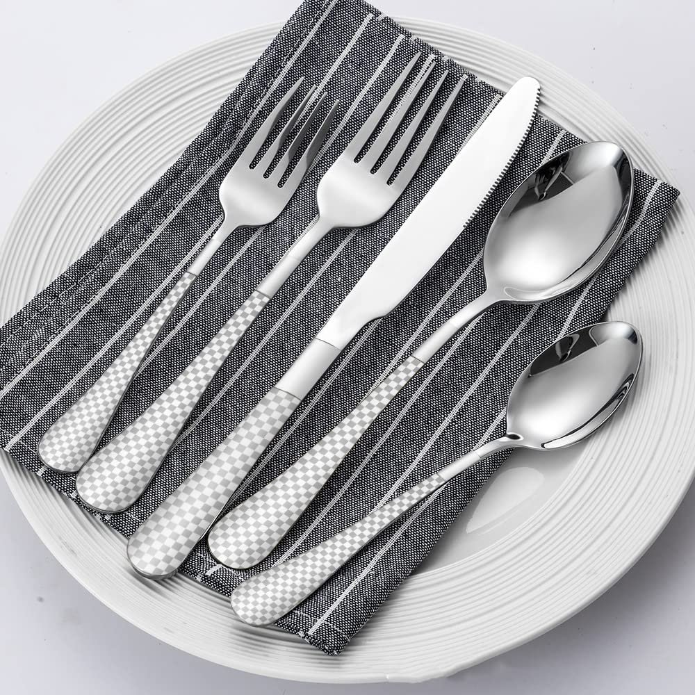 20 Piece Silverware Set for 4 Durable Stainless Steel Flatware Sets With Check Pattern Home Kitchen Wedding Restaurant Cutlery Utensils Forks and Spoons Knifes Delicate Tableware Set