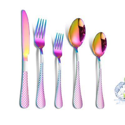 20 Piece Rainbow Silverware Set for 4 Durable Stainless Steel Flatware Sets With Check Pattern Home Kitchen Wedding Restaurant Cutlery Utensils Forks and Spoons Knifes Delicate Tableware Set