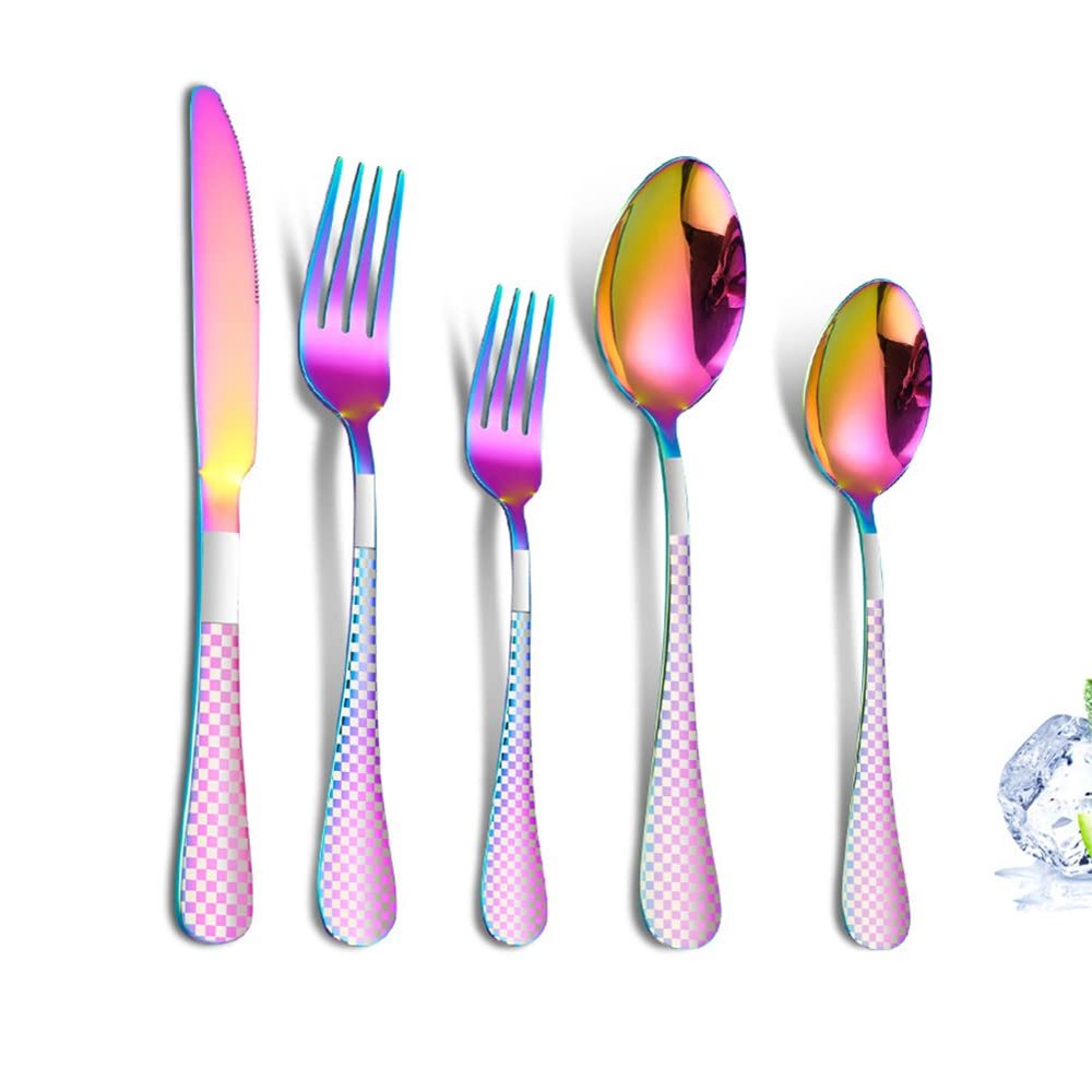 20 Piece Rainbow Silverware Set for 4 Durable Stainless Steel Flatware Sets With Check Pattern Home Kitchen Wedding Restaurant Cutlery Utensils Forks and Spoons Knifes Delicate Tableware Set