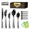 20 Piece Black Silverware Set for 4 Durable Stainless Steel Flatware Sets With Check Pattern Home Kitchen Wedding Restaurant Cutlery Utensils Forks and Spoons Knifes Delicate Tableware Set view 2