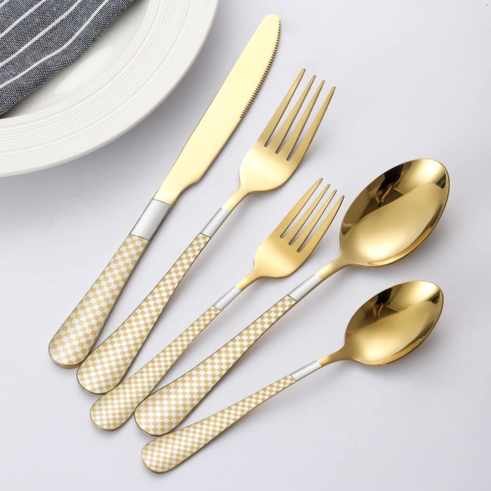 20 Piece Gold Silverware Set for 4 Durable Stainless Steel Flatware Sets With Check Pattern Home Kitchen Wedding Restaurant Cutlery Utensils Forks and Spoons Knifes Delicate Tableware Set