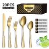 20 Piece Gold Silverware Set for 4 Durable Stainless Steel Flatware Sets With Check Pattern Home Kitchen Wedding Restaurant Cutlery Utensils Forks and Spoons Knifes Delicate Tableware Set view 2