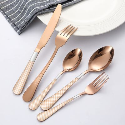 20 Piece Rose Gold Silverware Set for 4 Durable Stainless Steel Flatware Sets With Check Pattern Home Kitchen Wedding Restaurant Cutlery Utensils Forks and Spoons Knifes Delicate Tableware Set