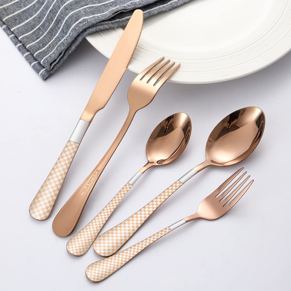20 Piece Rose Gold Silverware Set for 4 Durable Stainless Steel Flatware Sets With Check Pattern Home Kitchen Wedding Restaurant Cutlery Utensils Forks and Spoons Knifes Delicate Tableware Set