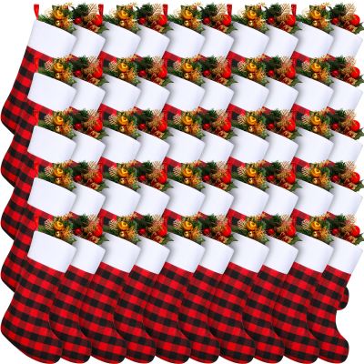 Zhanmai 50 Pcs Christmas Stockings 18" Buffalo Plaid Stocking Set Buffalo Checkered Stockings with Plush Cuff Classic Stocking Decorations for Christmas Xmas Holiday Decor (Red Black)
