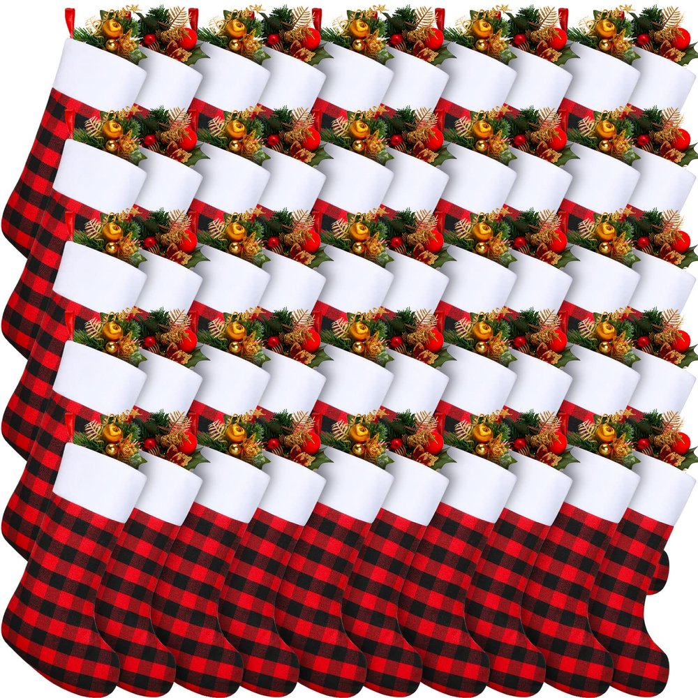 Zhanmai 50 Pcs Christmas Stockings 18" Buffalo Plaid Stocking Set Buffalo Checkered Stockings with Plush Cuff Classic Stocking Decorations for Christmas Xmas Holiday Decor (Red Black)