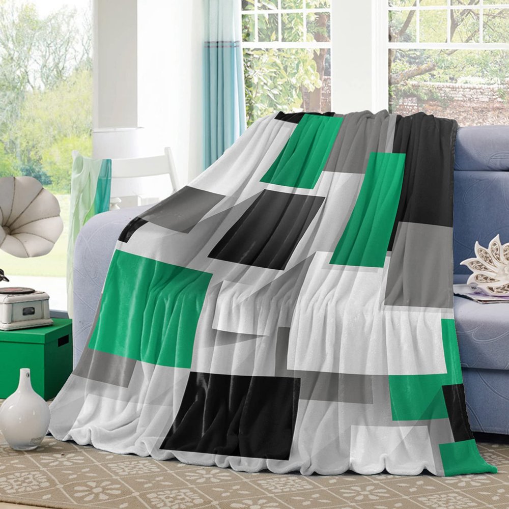 Abstract Geometric Emerald Green Black Grey Art Blankets, Flannel Fleece Lightweight Comfort Bed Throws Modern Bedcover All Season Use for Bedroom/Living Room/Office/Travel/Camping 50"x60"