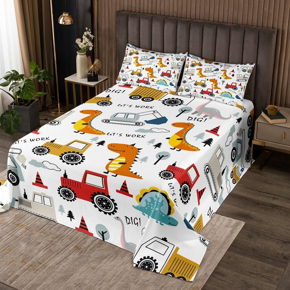 Feelyou Construction Bedspread Kids Cartoon Dinosaur Quilted Coverlet for Boys Equipment Trucks Coverlet Set Construction Vehicles Kawaii Jungle Dino Quilted Room Decor Queen Size