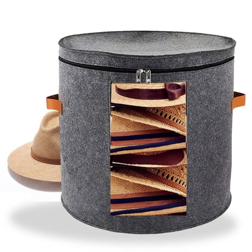 HAIBEIR Hat Box Clothing Storage Box in Felt Material-Soft and Comfortable- Travel Round Collapsible Hat Organizer with Lid to Carry or Store Various Hats Clothing Toys for Women & Men (19X17)