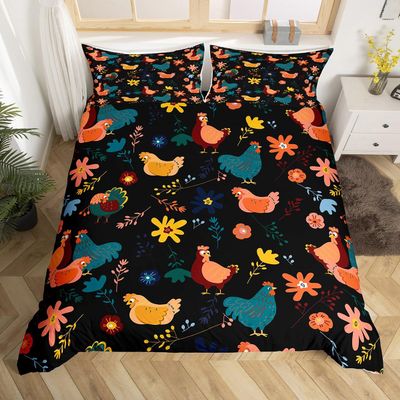 Cartoon Chicken Full Size Duvet Cover Set,Cute Farmhouse Animal Duvet Cover for Girls Teens Decorative Bedroom,Watercolor Flowers Leaves Polyester Quilt Cover with 2 Pillowcases