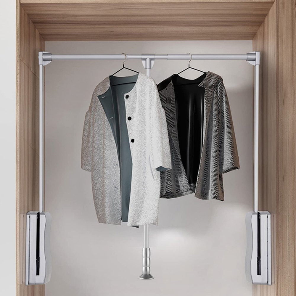 Adjustable Wardrobe Rail Lift Aluminium Pull-Down Closet Rod Heavy Duty Clothes Hanger Organizer Storage System Soft Return Space Saving,Silver,450to600mm
